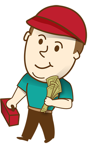 a cartoon man is holding a bunch of money and a toolbox