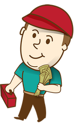 A cartoon man is holding a bunch of money and a toolbox.