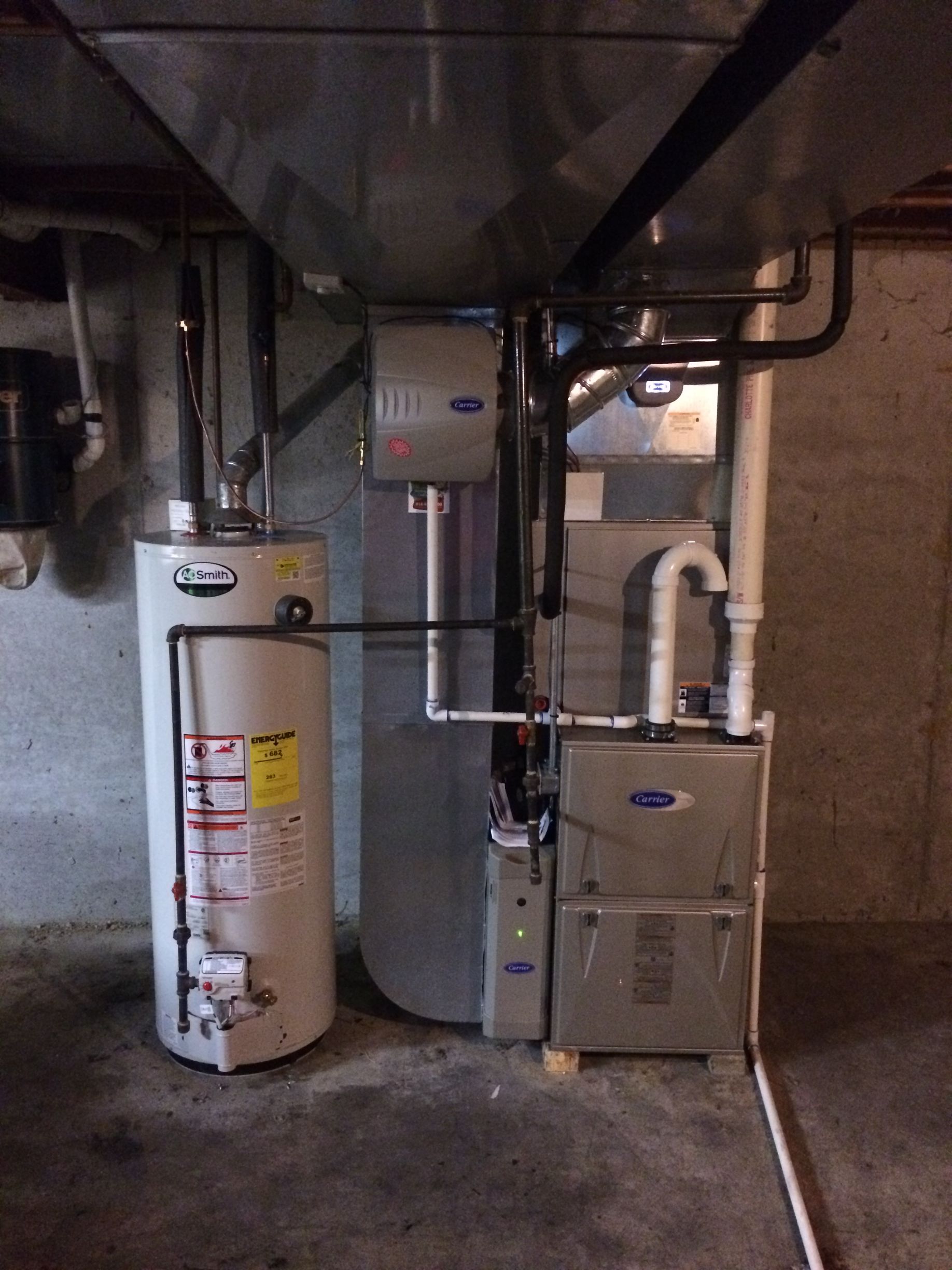 A water heater and an air conditioner in a basement