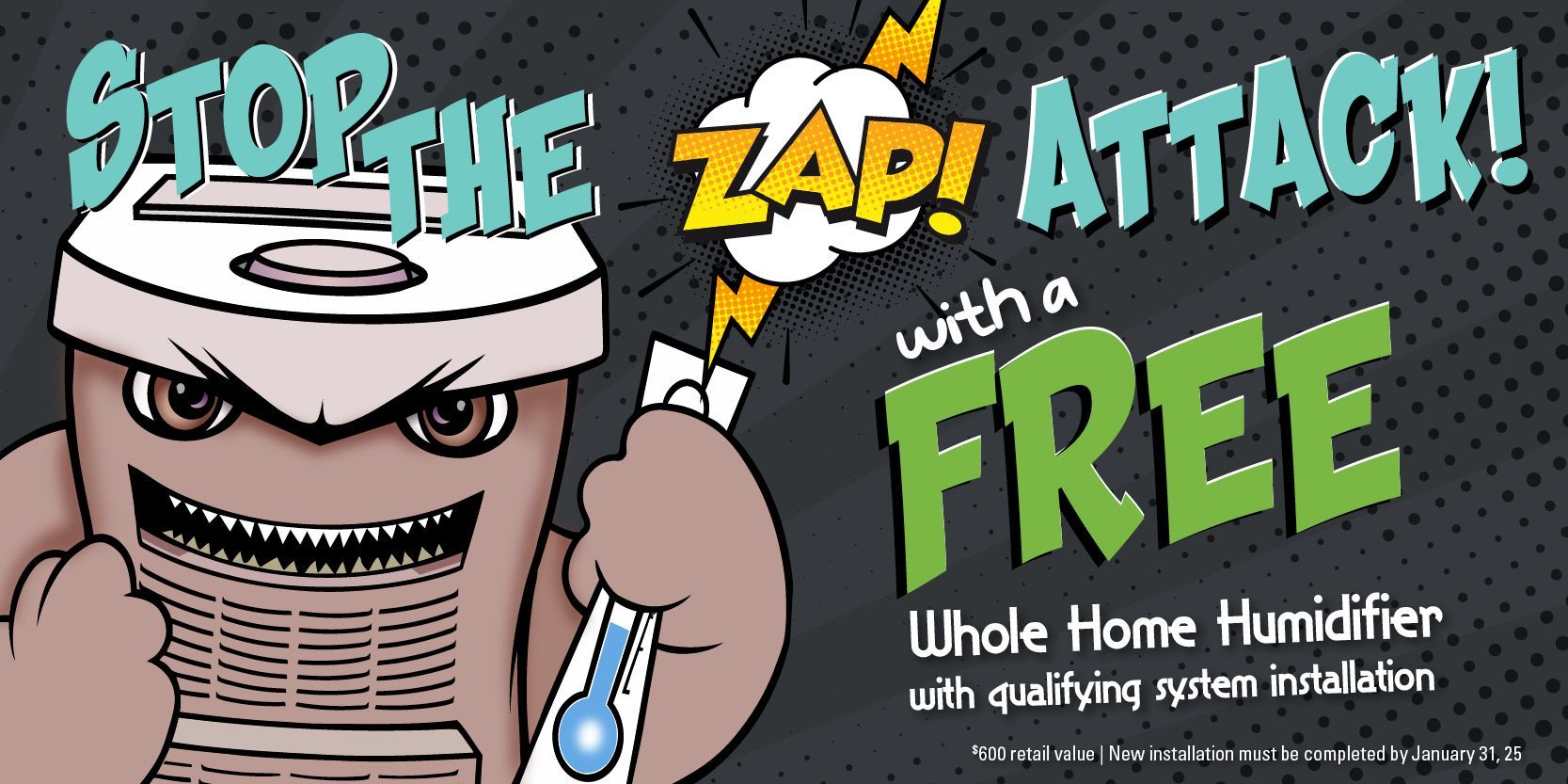 A cartoon advertisement for a free home humidifier