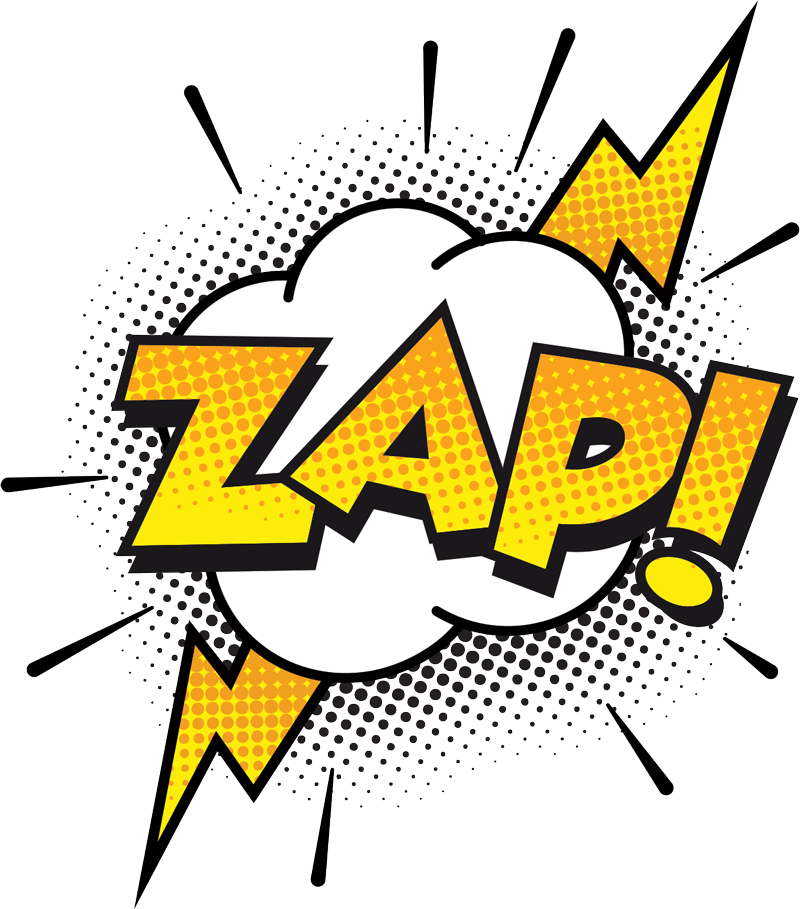 A comic book speech bubble with the word zap and a lightning bolt.