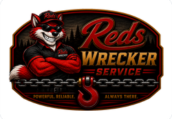 Red fox mascot in red shirt with &ldquo;Reds Wrecker Service&rdquo; logo and tow hook on black background