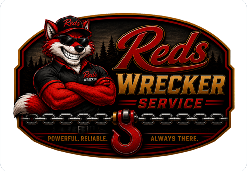 Red fox mascot in red shirt with &ldquo;Reds Wrecker Service&rdquo; logo and tow hook on black background