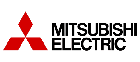 Mitsubishi Electric logo with red three-diamond symbol and black text.