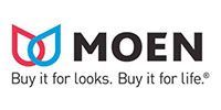 MOEN logo with blue and red emblem and tagline “Buy it for looks. Buy it for life.”
