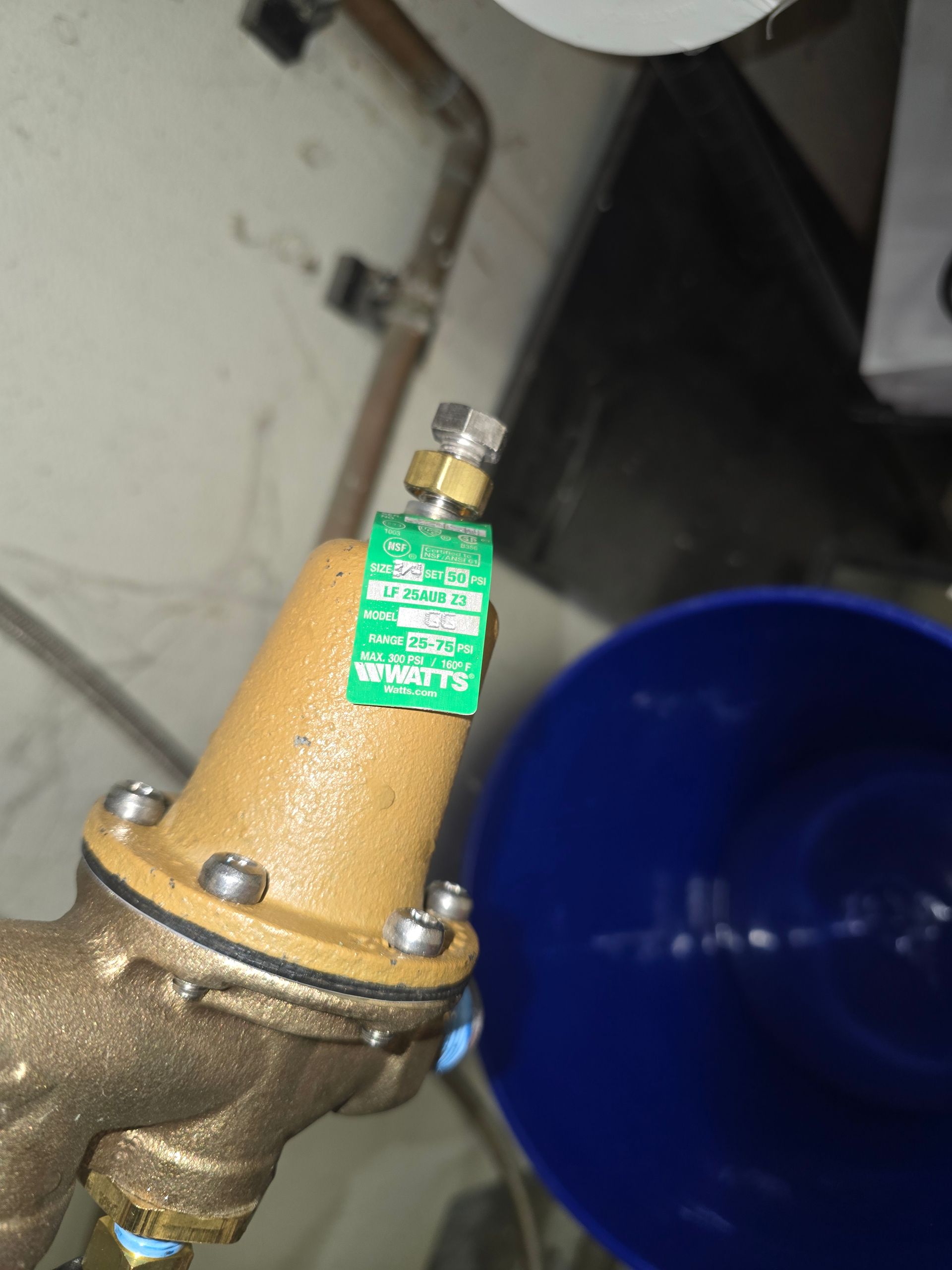 Brass valve with a green tag, mounted near a blue bucket in a utility area.