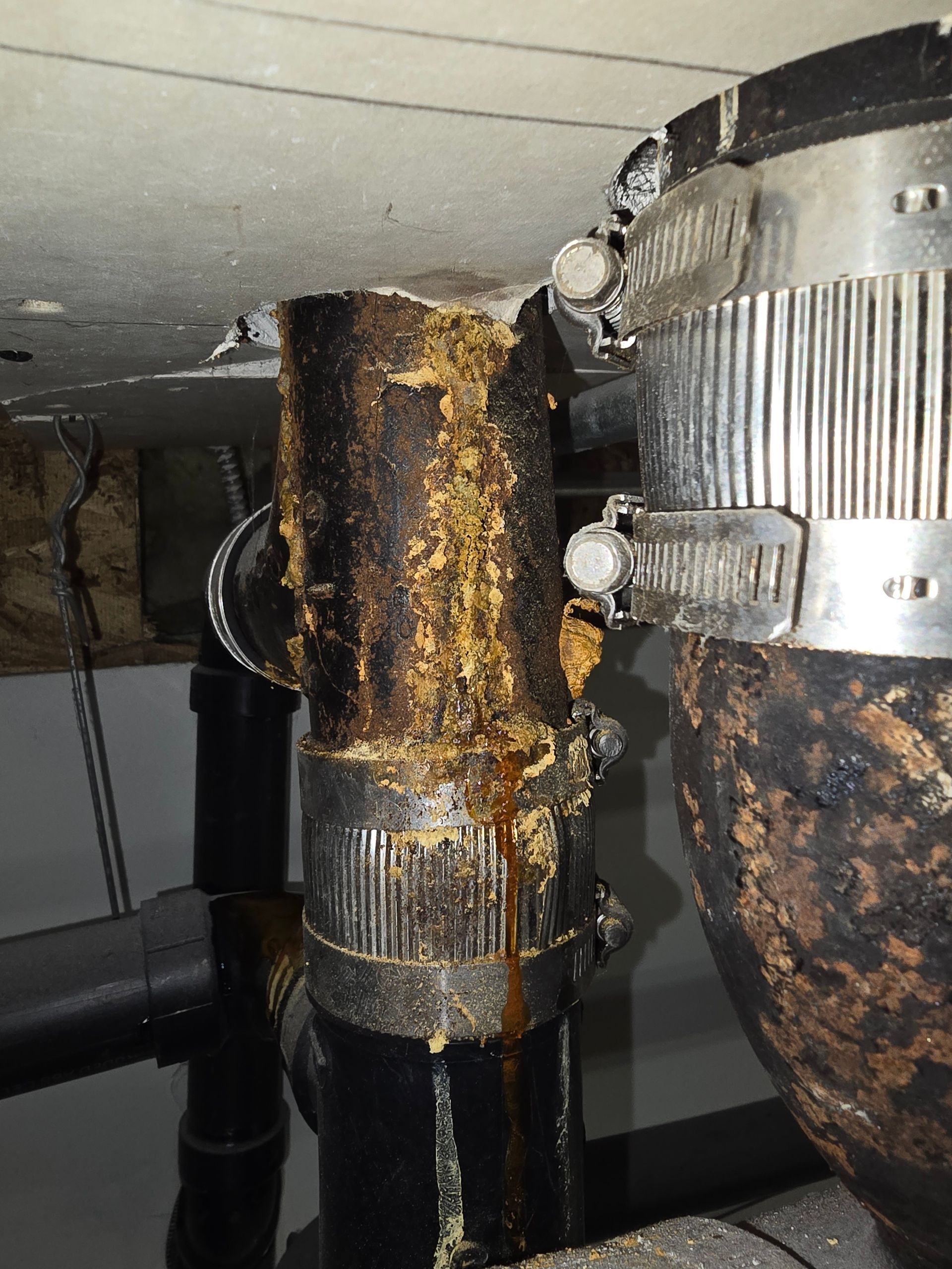 Rusty corroded pipe joint with a large hose clamp and a black pipe in a tight under-sink or crawlspace area