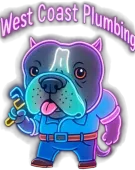 West Coast Plumbing and Drains Inc logo with dark blue and purple text on white background