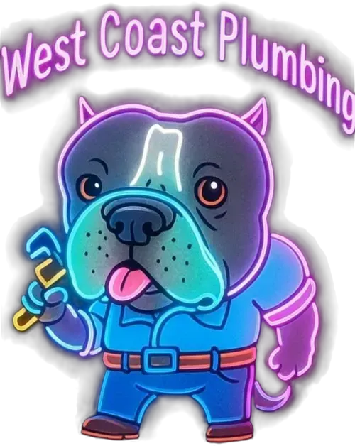 West Coast Plumbing and Drains Inc logo with dark blue and purple text on white background