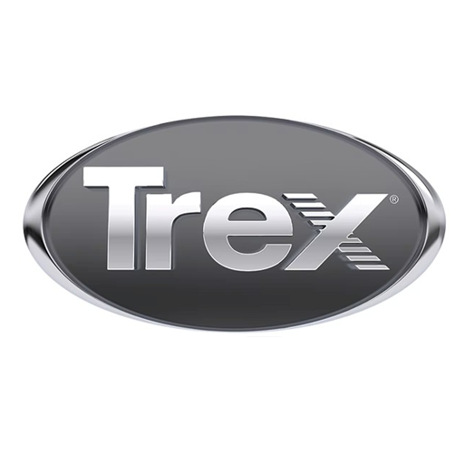 The Trex logo features silver, metallic lettering of the brand name in a bold, sans-serif font set inside a grey oval.