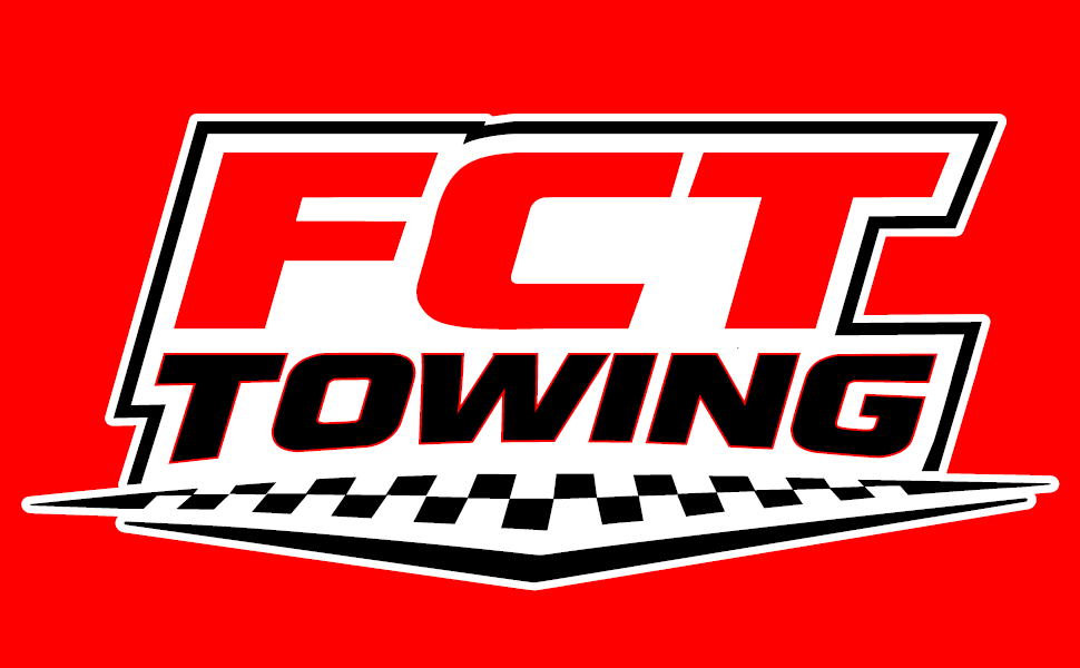 FCT Towing logo in red, black, and white with a checkered stripe