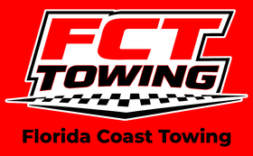 FCT Towing logo with red, black and white lettering over a checkered stripe, Florida Coast Towing below