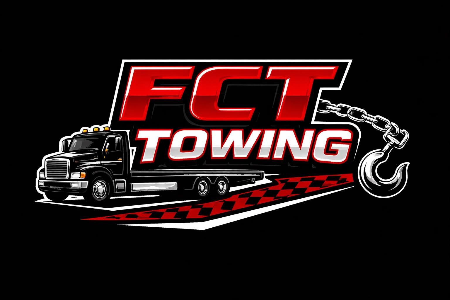 FCT Towing logo with a tow truck, red-and-white text, and a chain hook on a black background
