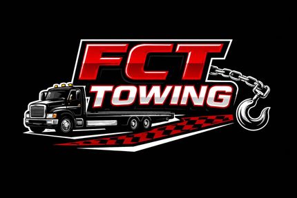 FCT Towing logo with a tow truck, red-and-white text, and a chain hook on a black background