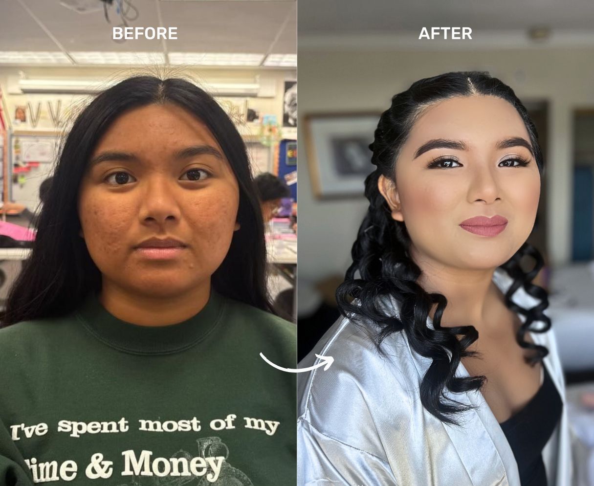 Side-by-side: Unmade-up woman vs. woman with professionally done hair and makeup.