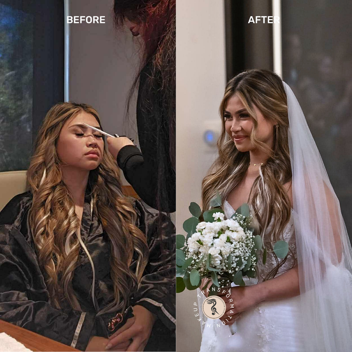 Side-by-side: Unmade-up woman vs. woman with professionally done hair and makeup.