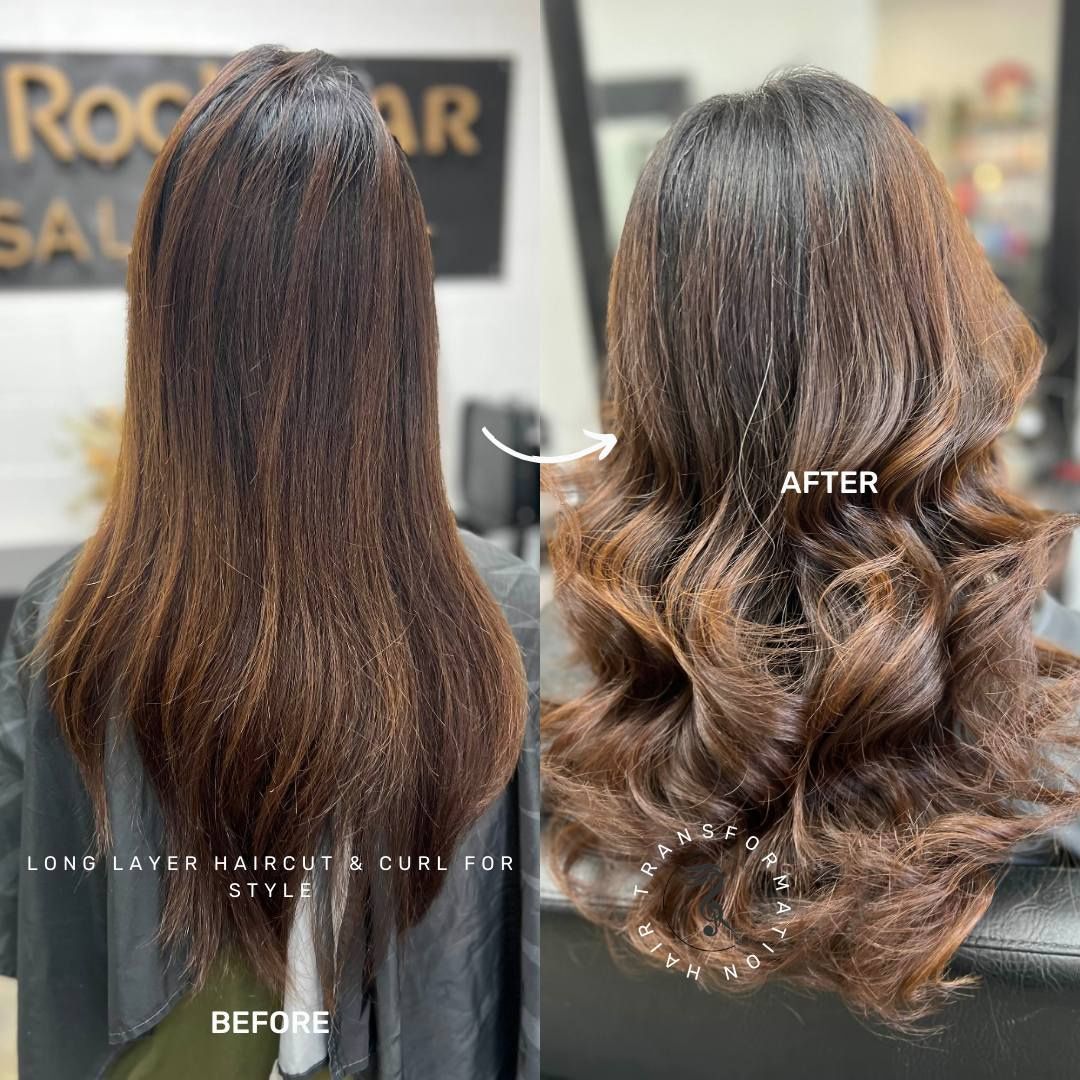 Before and after of layered haircut, styled with waves; salon setting.