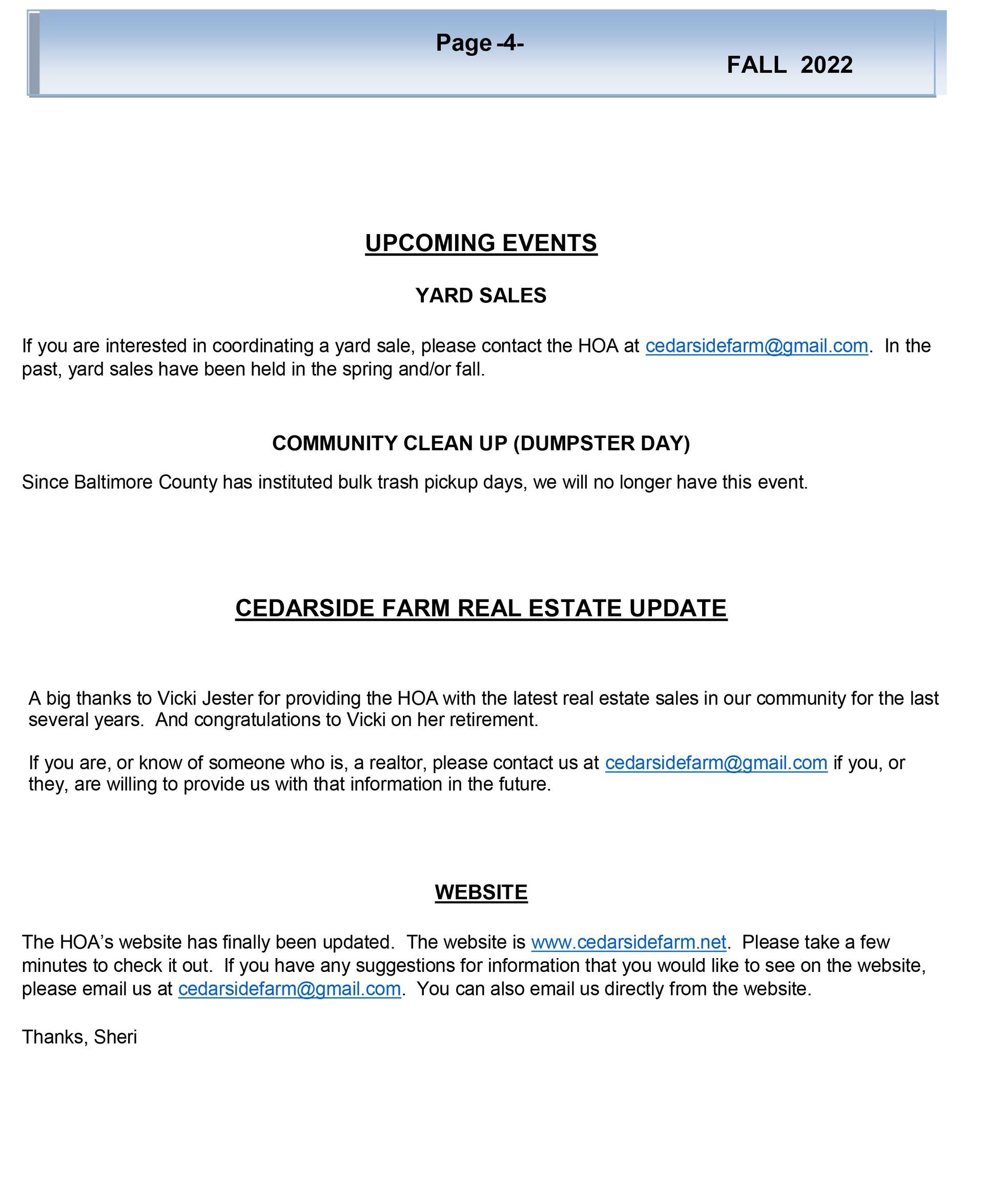 Cedarside Farm HOA Inc. Newsletter Fall 2022