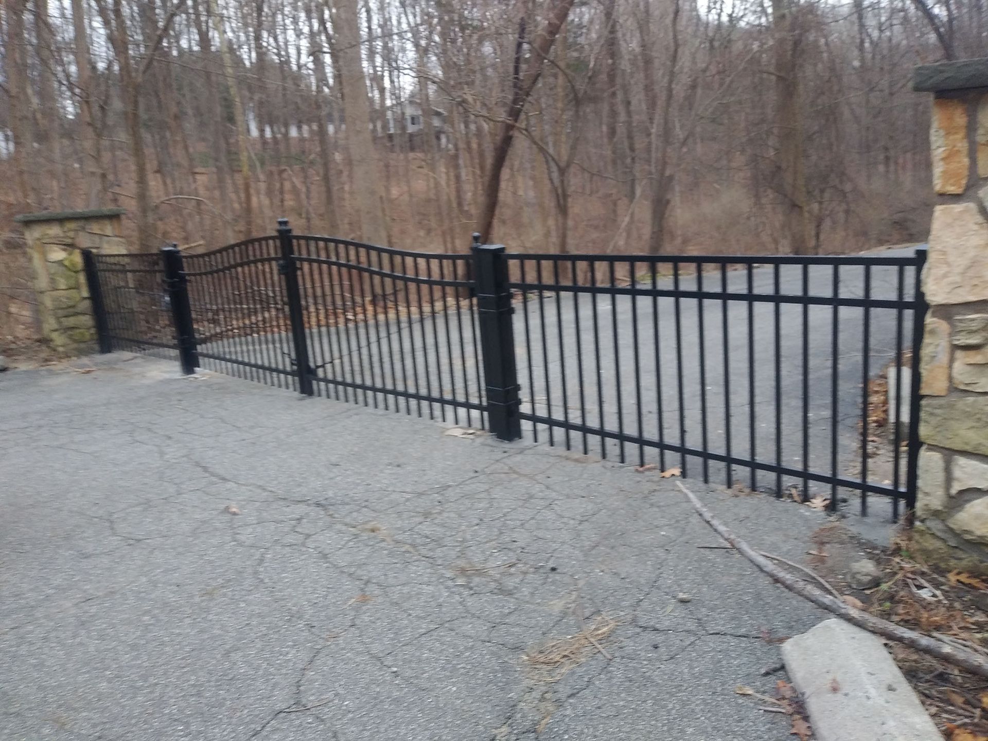 A black metal fence surrounds a driveway leading to a forest.