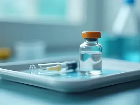 Glass vial and syringe on a medical tray in a clinical setting
