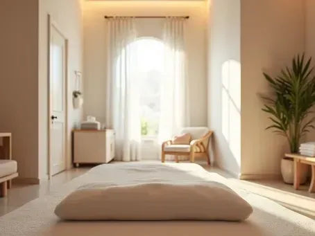 Minimal sunlit bedroom with a bed, sheer curtains, and a chair by the window