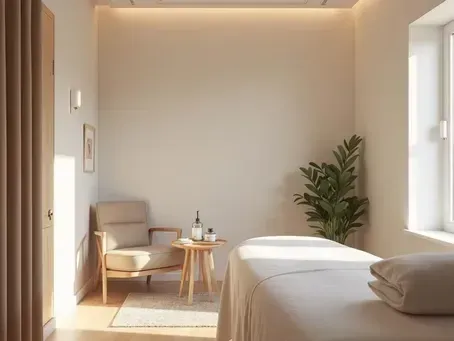 Minimal beige bedroom with bed, chair, side table, plant, and sunlight from a window