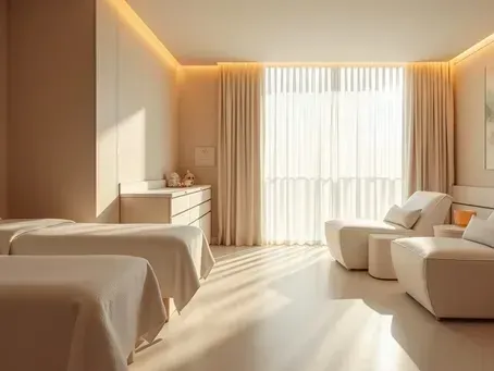 Sunlit minimalist bedroom with two beds, beige seating, and floor-to-ceiling curtains