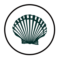Dark green shell logo inside a black circle