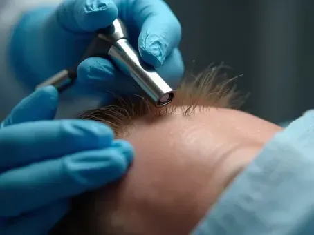Blue-gloved hands using a small tool on a person’s forehead during a cosmetic procedure