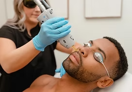 Person receiving a cosmetic facial treatment with a handheld device while a clinician wears blue gloves