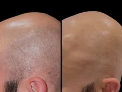 Side-by-side close-up of a bald scalp showing before-and-after skin smoothness and tone improvement