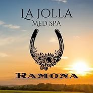 La Jolla Med Spa Ramona logo with ornate horseshoe over sunset landscape