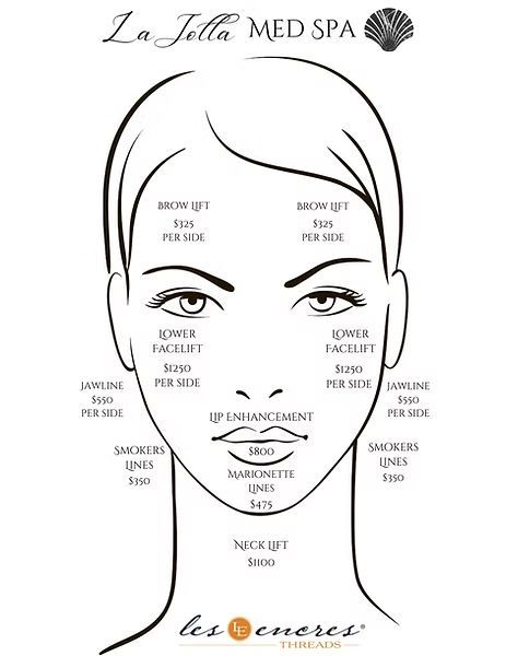 Face diagram showing cosmetic treatment areas labeled for cheeks, forehead, lips, and chin.