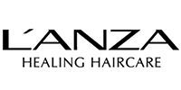 The logo for lanza healing haircare is black and white.