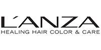 The logo for lanza healing hair color and care is black and white.
