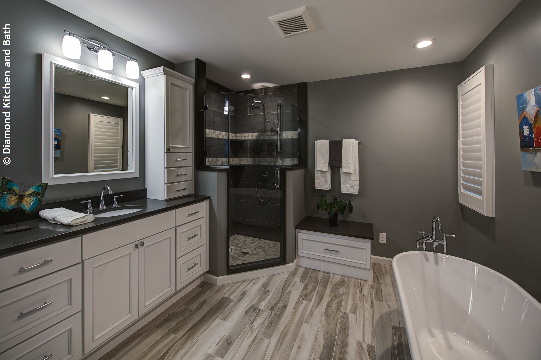 Modern bathroom with white cabinets, gray walls, glass shower, and freestanding tub