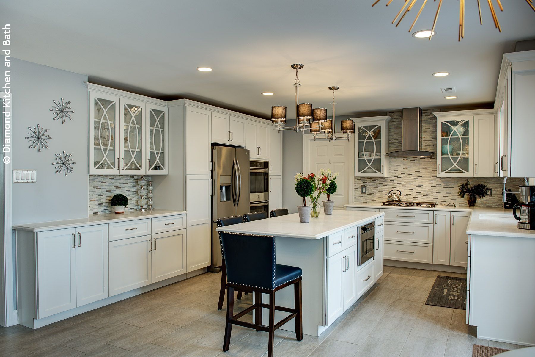 Modern white kitchen with island, cabinets, and stainless steel appliances