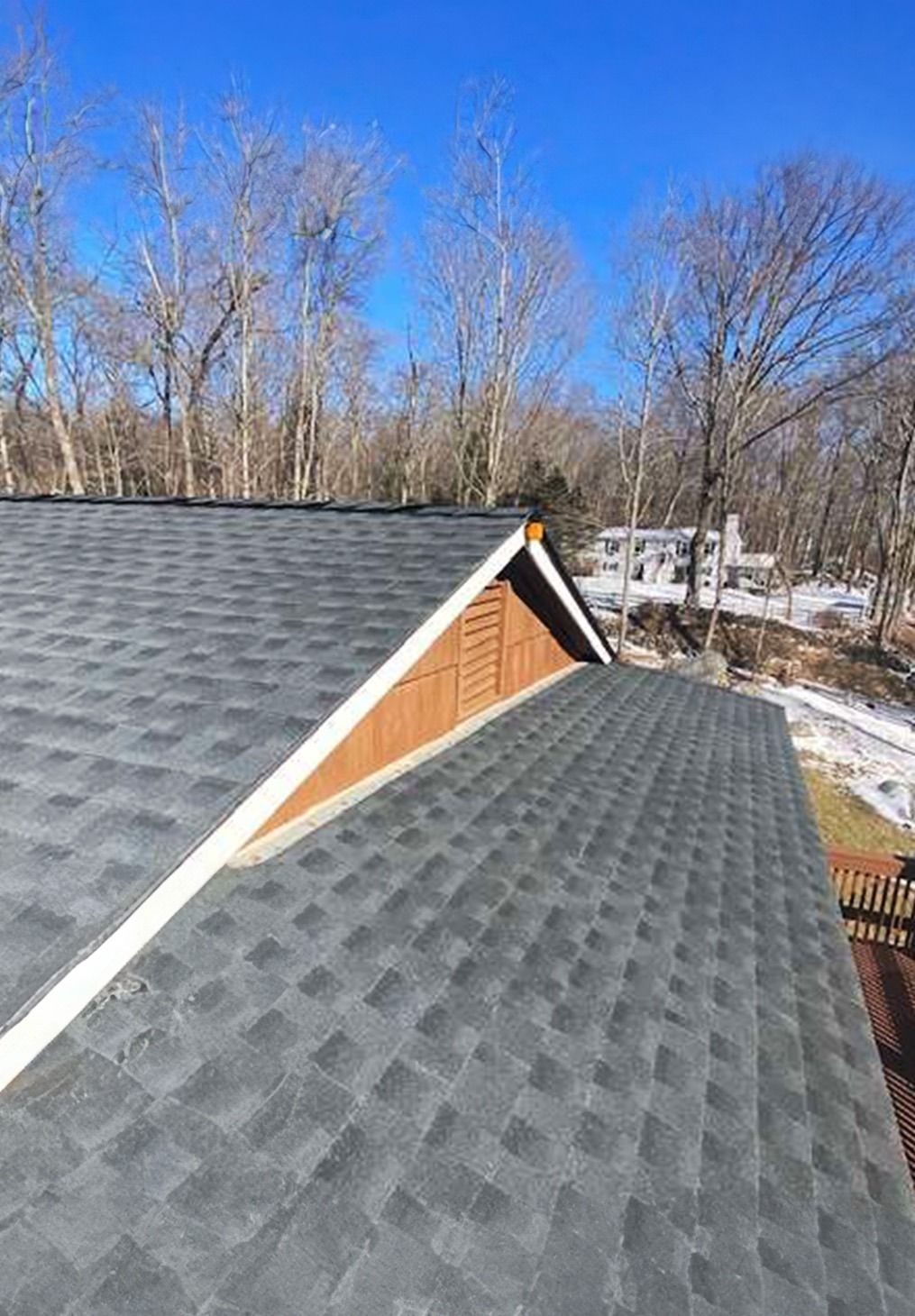 A view from a roof showing a triangular gable vent, asphalt shingles, and a backdrop of bare trees under a clear blue sky.