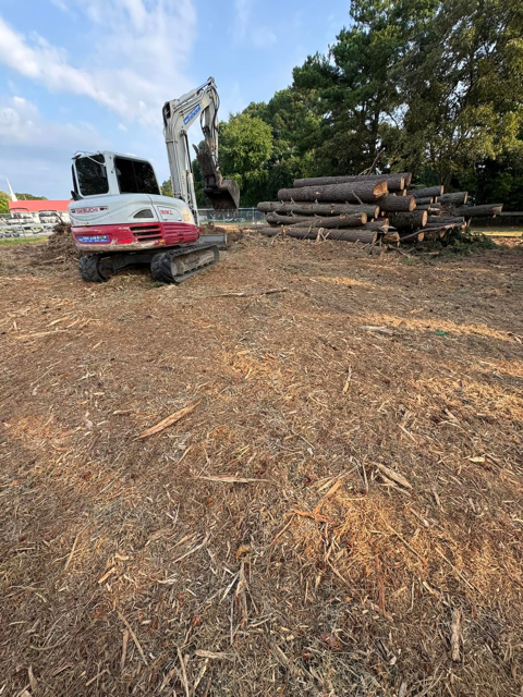 A white and red excavator is sitting in a field next to a pile of logs.