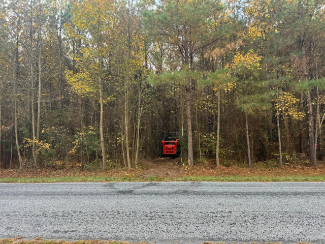 A red truck is parked on the side of the road in the middle of a forest