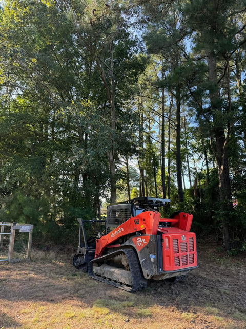 A red and black bulldozer is parked in a dirt field in the middle of a forest