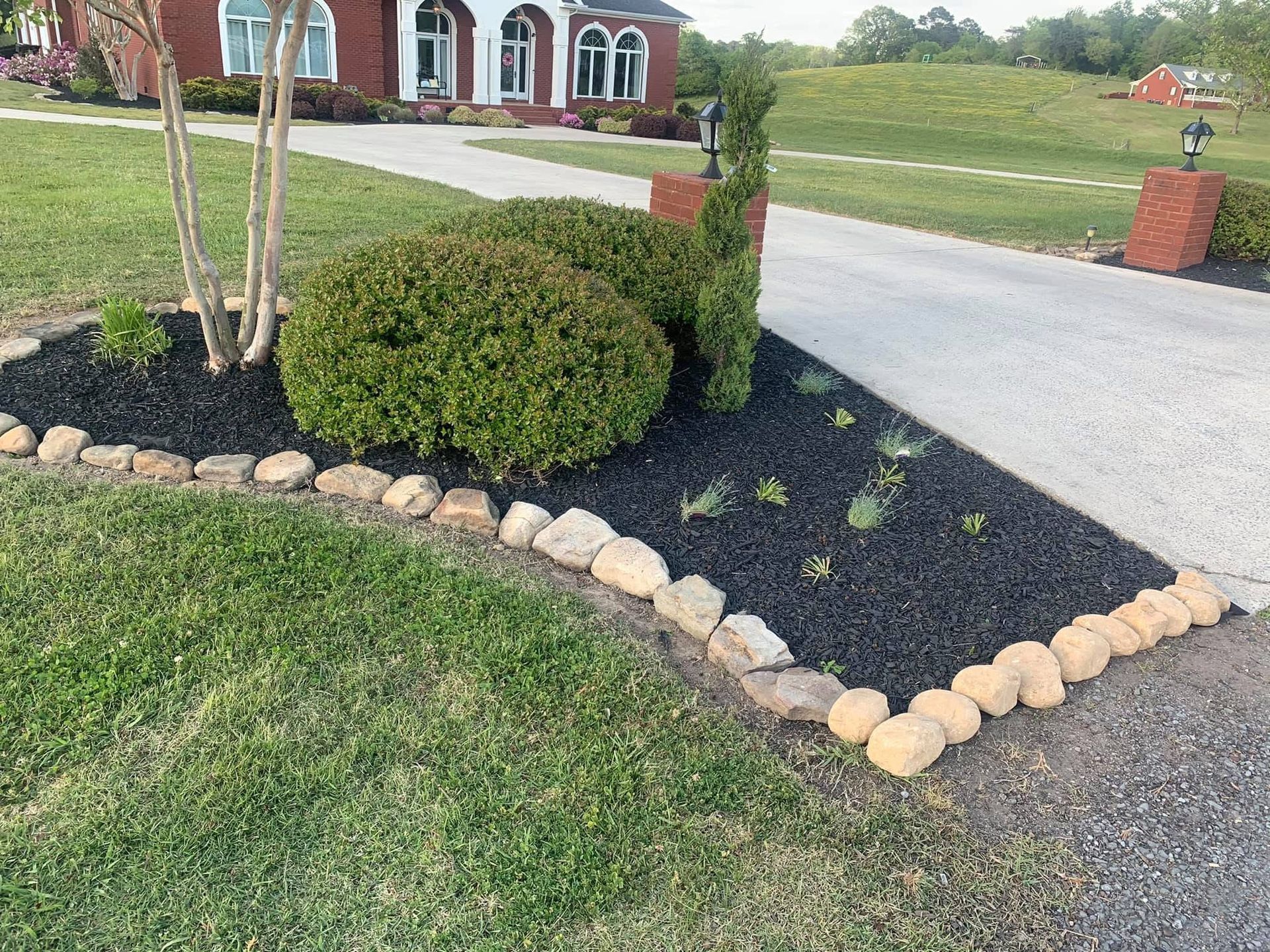 A lawn with a bush and rocks in front of a house.