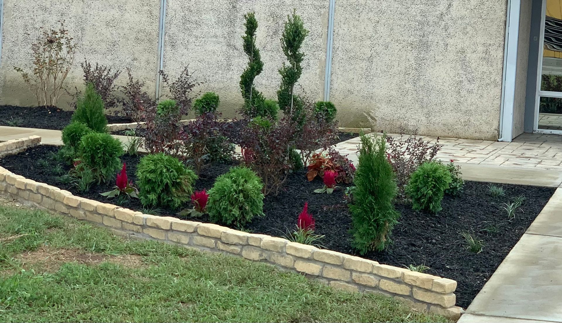 A garden with flowers and trees in front of a building.