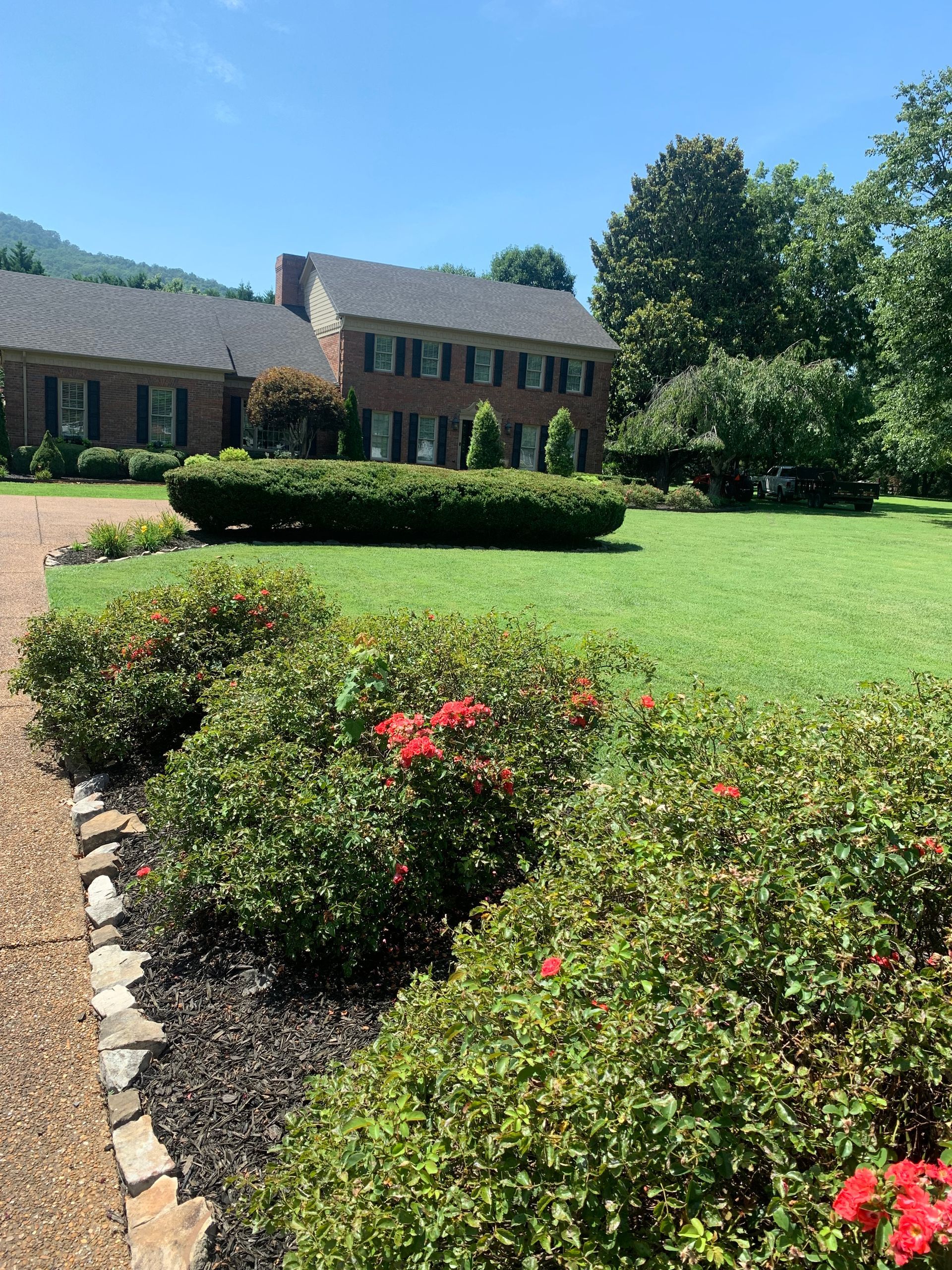 A large house with a lush green lawn and bushes in front of it.