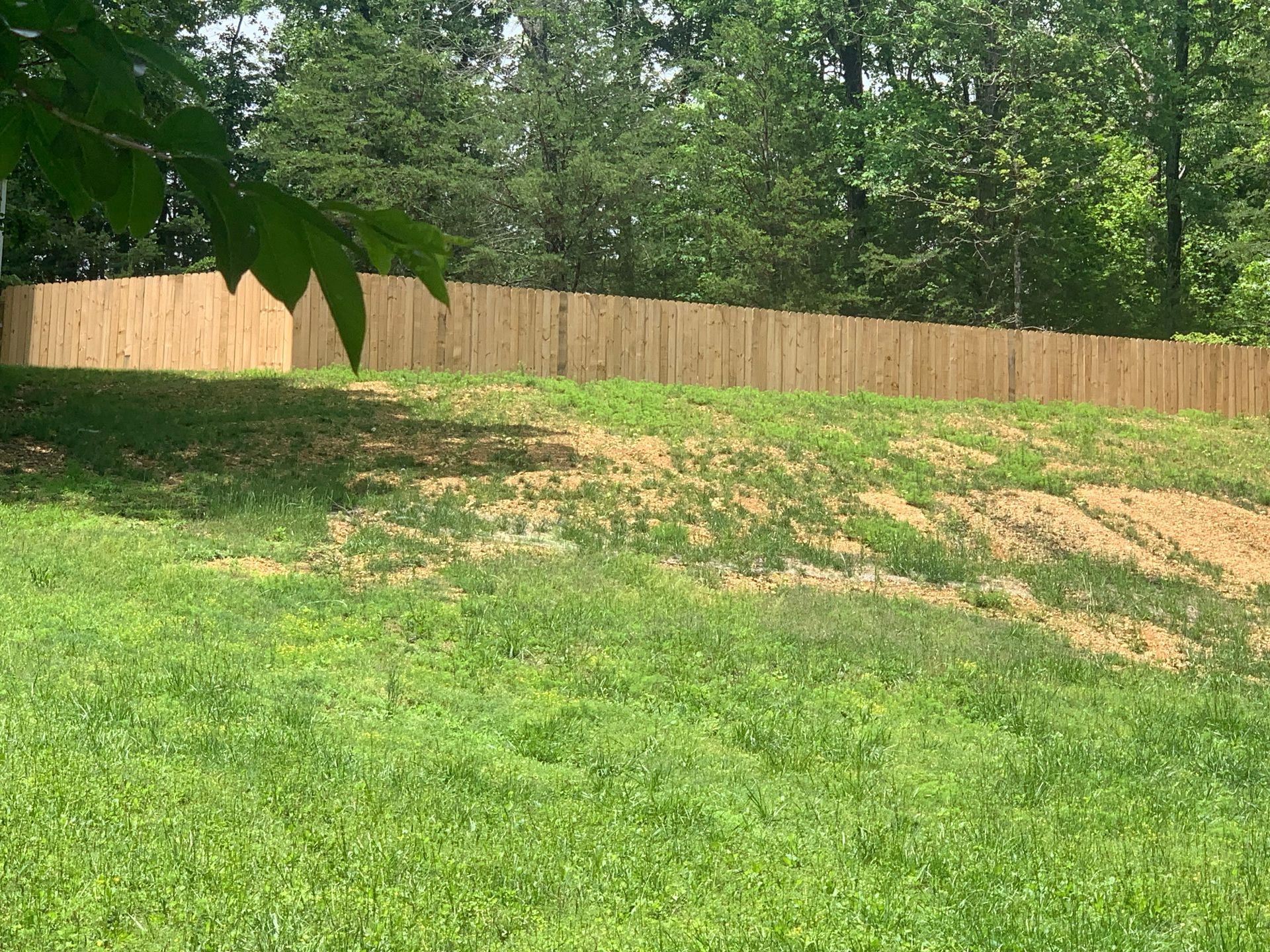 A wooden fence surrounds a lush green field.