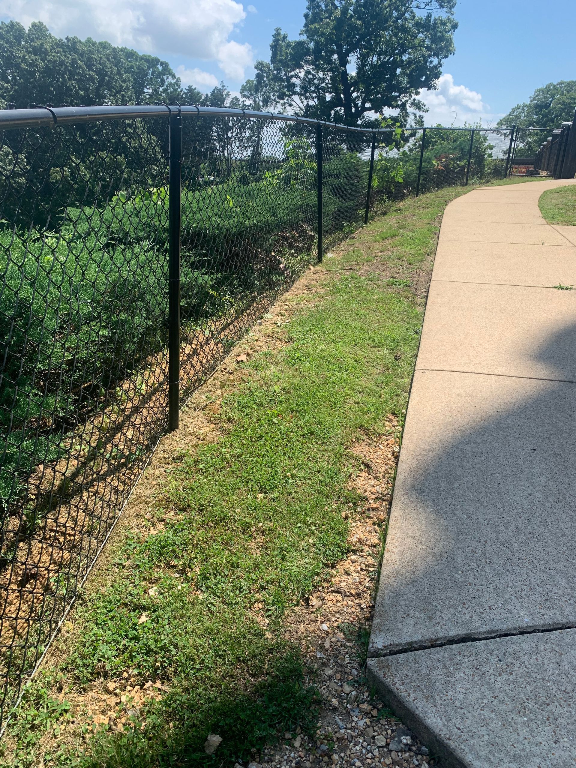 A chain link fence is along the side of a sidewalk.
