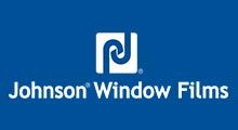 Logo of Johnson Window Films, white text and symbol on a blue background.