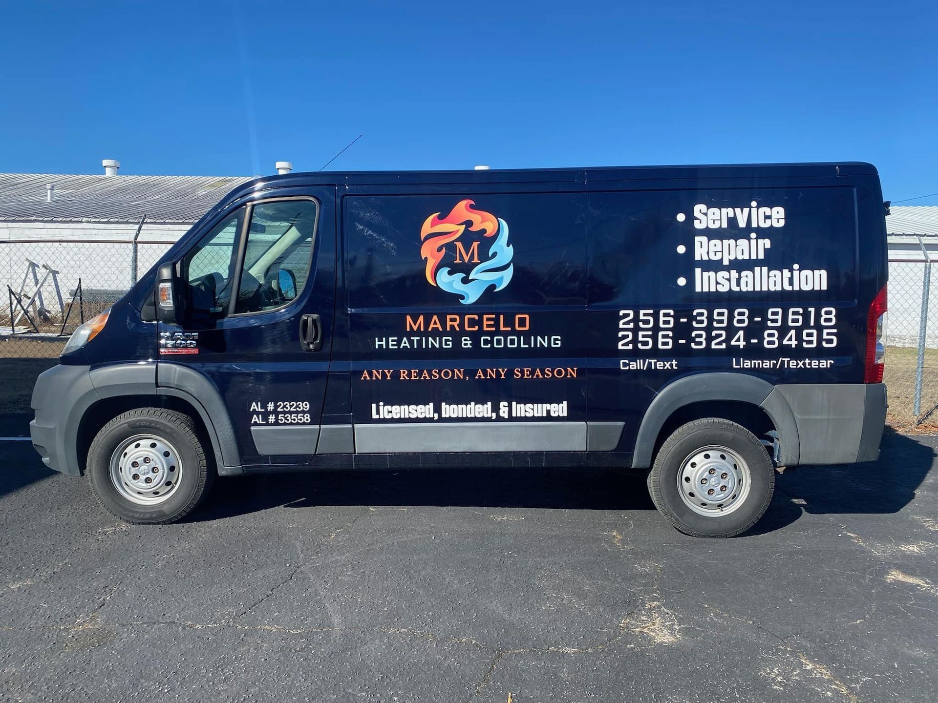 a marcelo heating and cooling van is parked in a parking lot