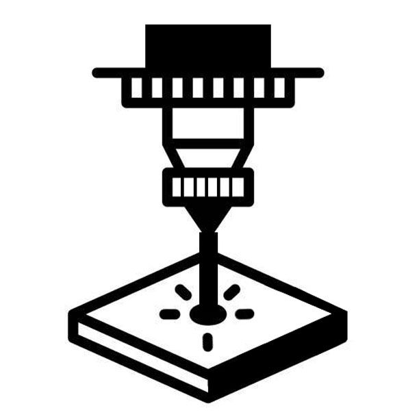 A black icon of a laser cutting head focused on a flat material surface, indicating a laser engraving or cutting process.