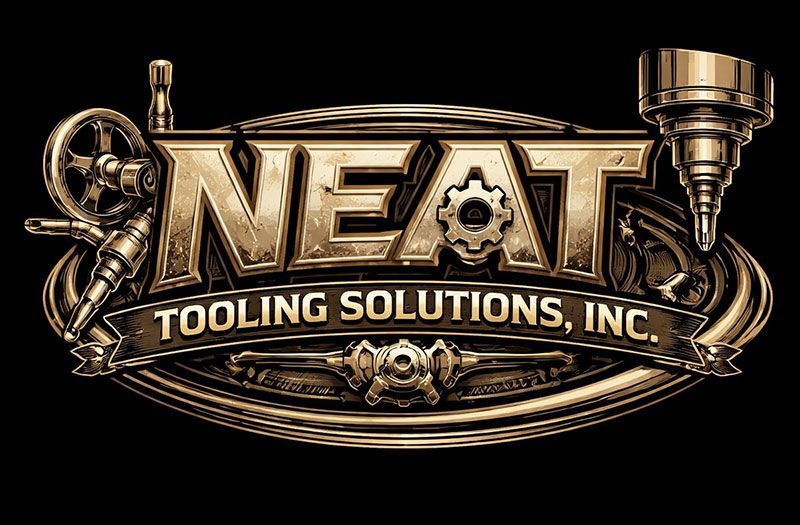 Metallic, industrial-style logo for "NEAT TOOLING SOLUTIONS, INC." featuring a gear, machinery, and a dark background.